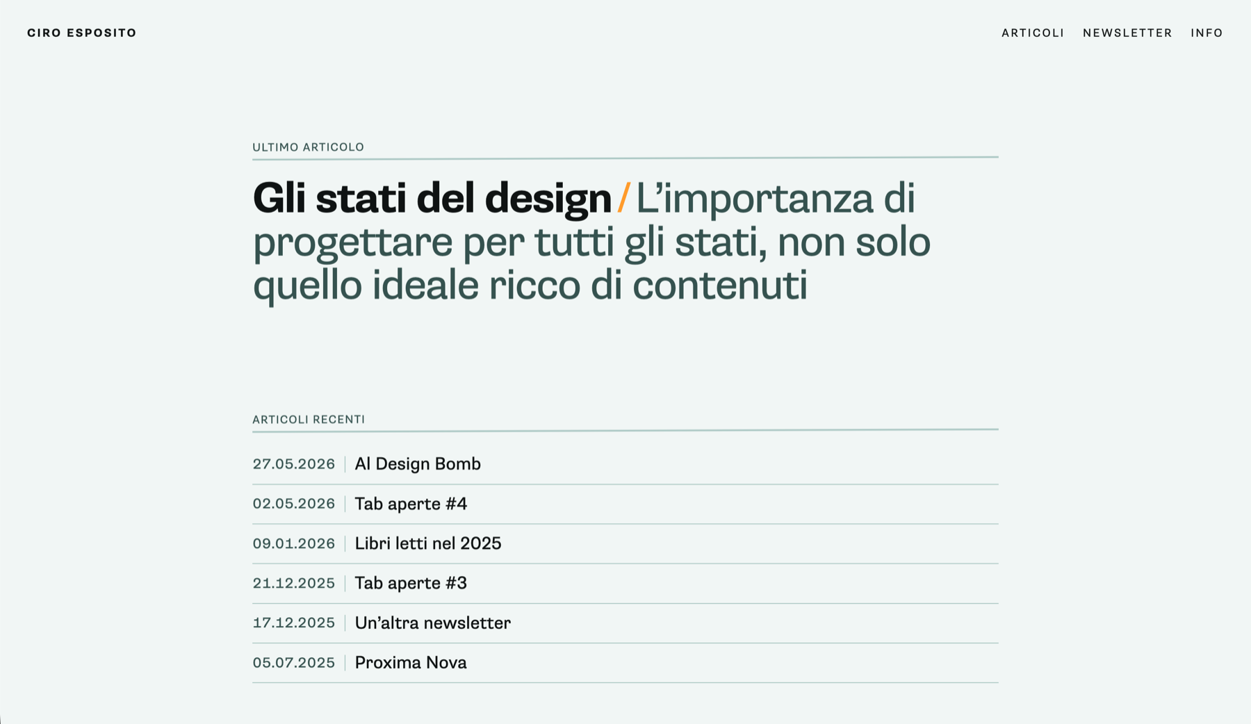 La vecchia home page del sito, con l’ultimo articolo in evidenza in alto e la lista degli articoli recenti sotto