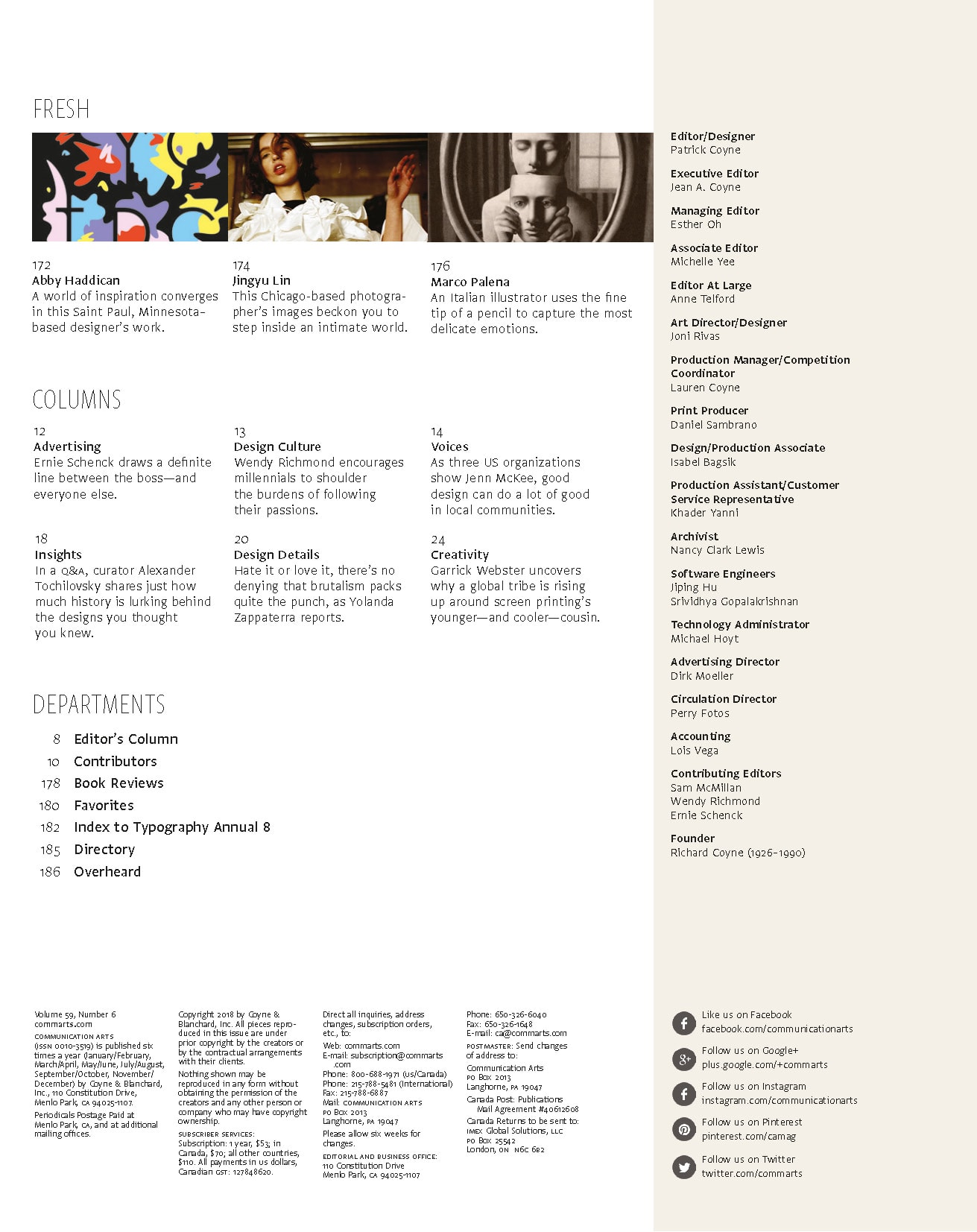 Pagina di indice e colophon della rivista Communication Arts