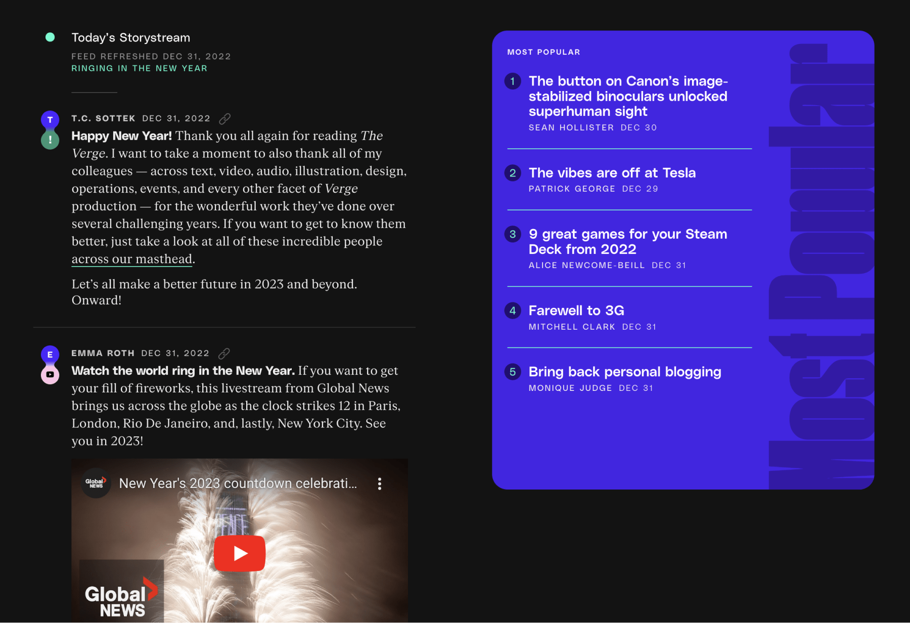 Estratto della home page di The Verge con layout a news feed