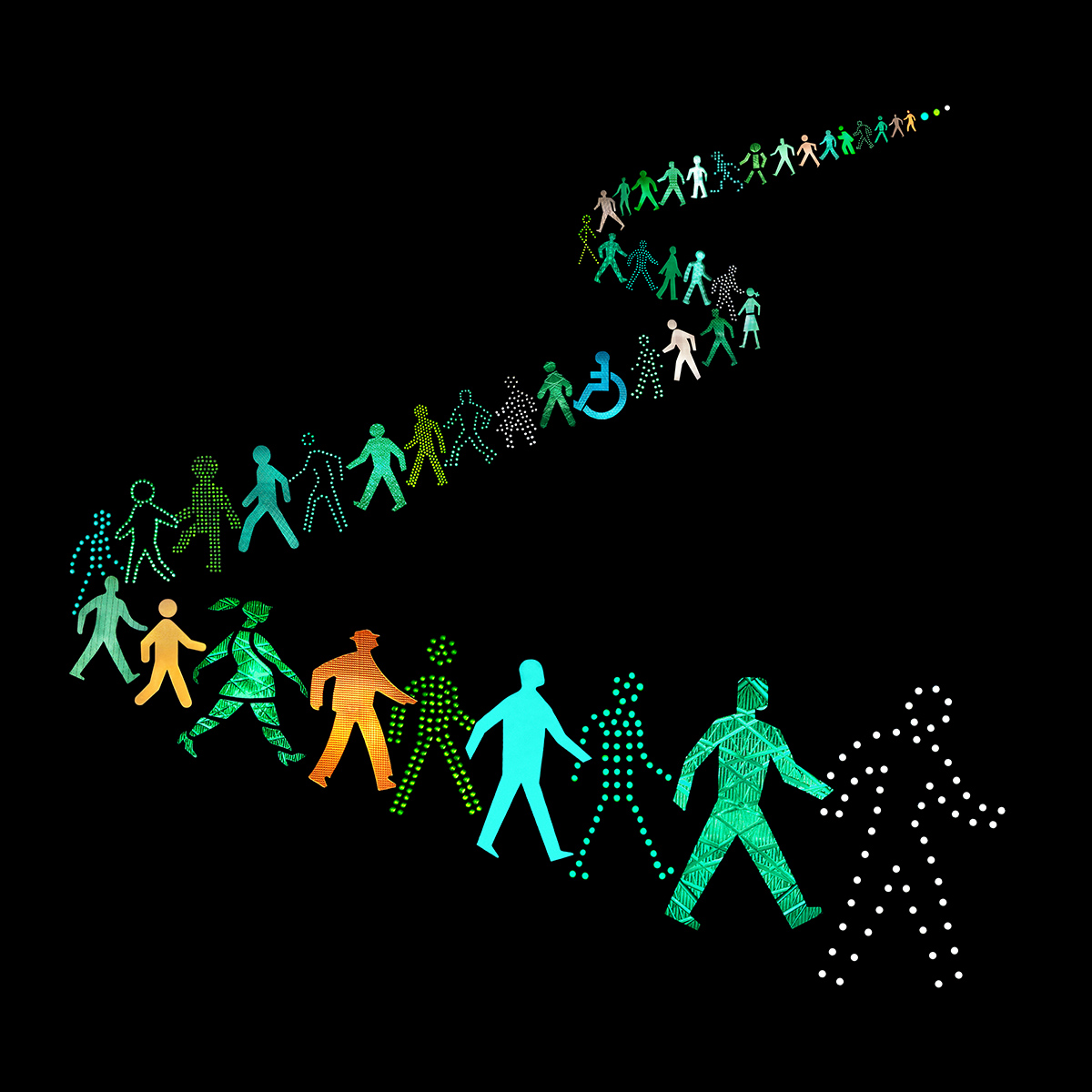 Una composizione di figure luminose dei semafori pedonali raccolte in diverse città del mondo, disposte su fondo nero